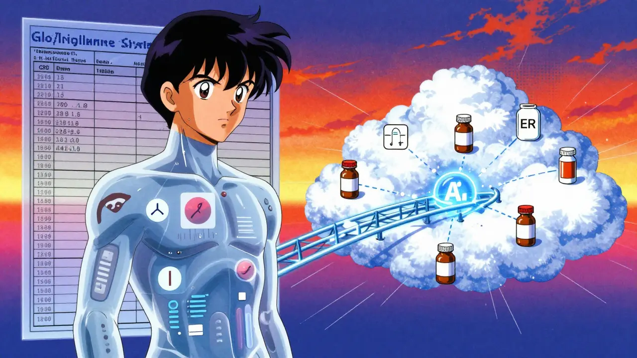 Hybrid system showing a detailed patient and claims data cloud connected by AI algorithms in retro anime style.