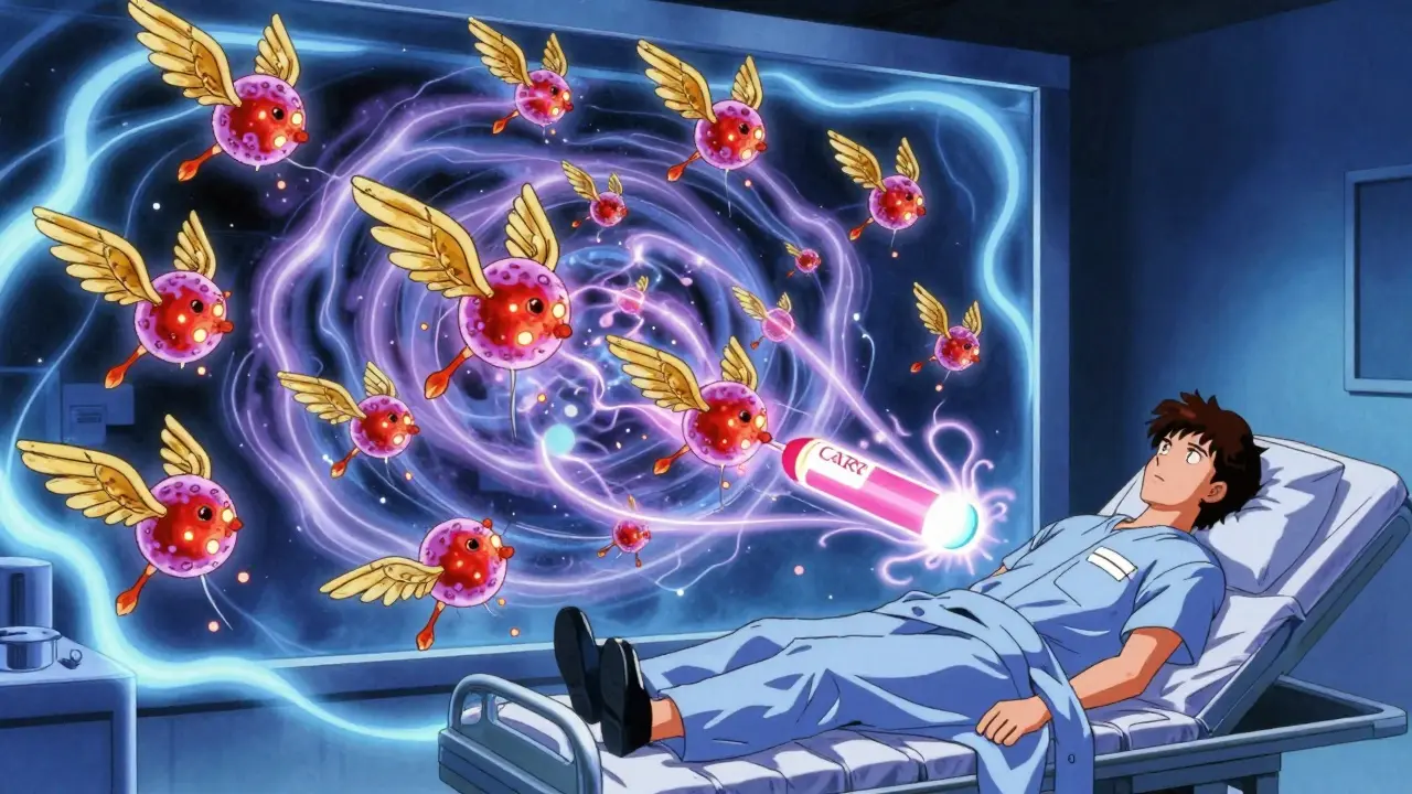 Lab scene showing T-cells being engineered into glowing immune warriors with CAR receptors.