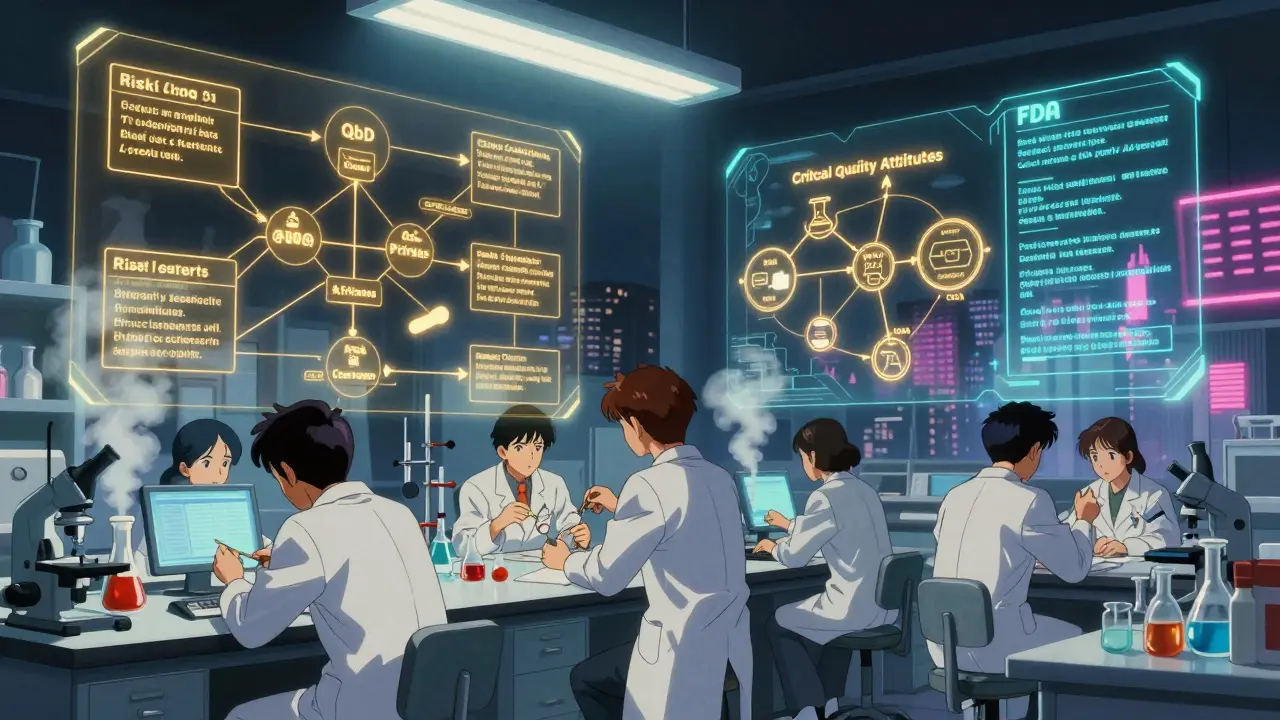 Lab team working late under glowing QbD flowcharts, retro anime aesthetic.