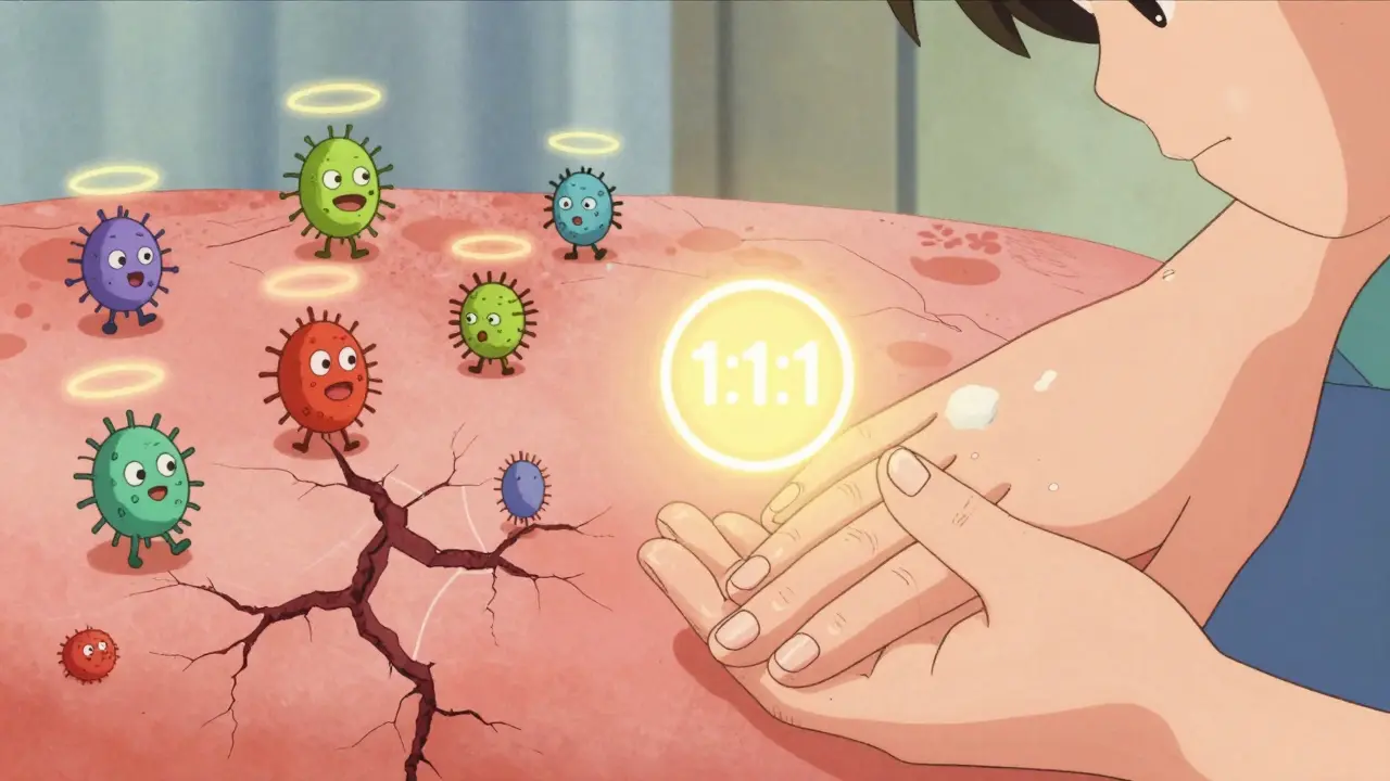 Parent moisturizing child’s hand as lipid symbol glows and skin heals in anime style