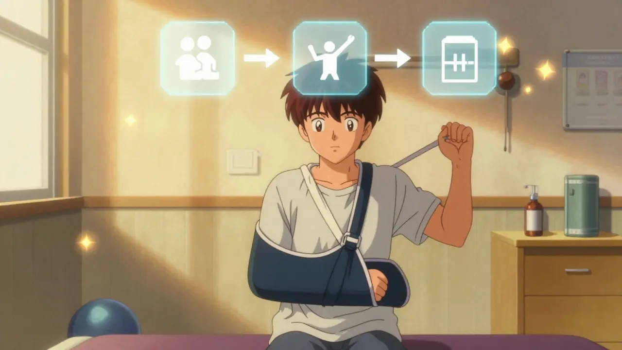 Patient doing pendulum swings in rehab with floating icons showing recovery stages.