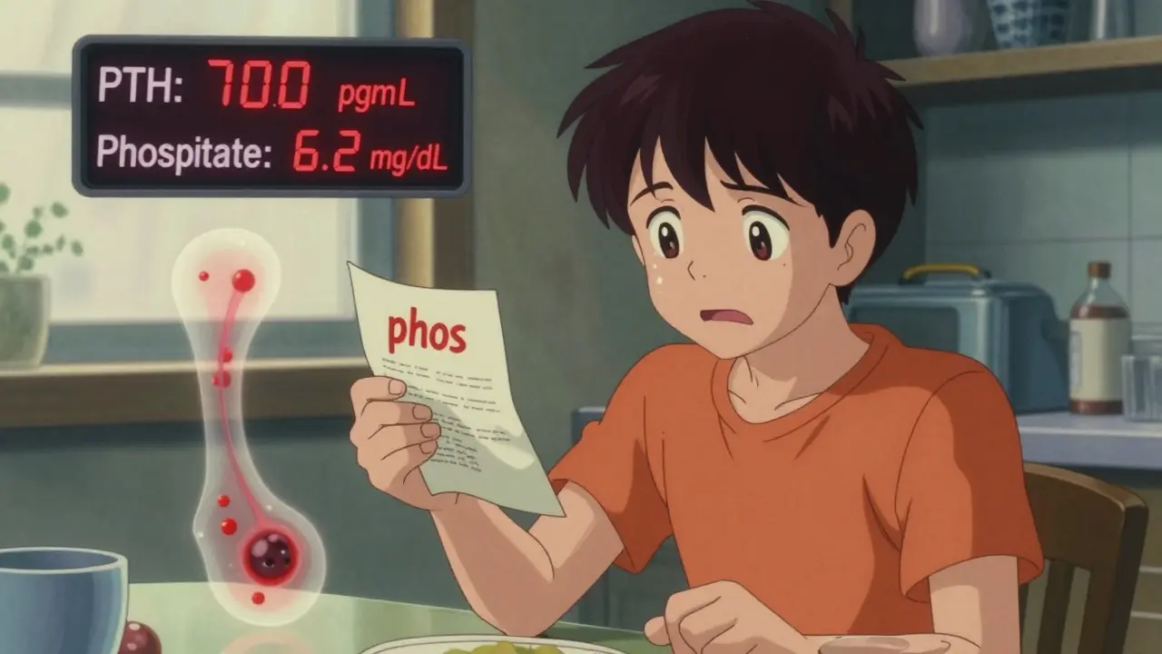 Patient reading food label with phosphate warnings, floating bone and vessel damage