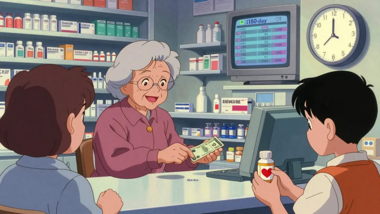 Patients happily receive affordable medication at a pharmacy with a glowing 180-day clock in the background.