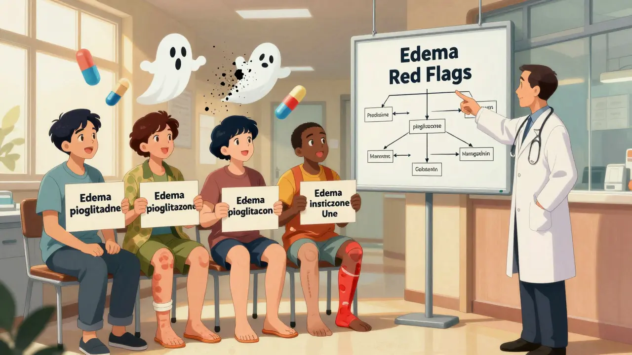 Patients in clinic holding signs of swollen limbs while doctor explains edema warning signs