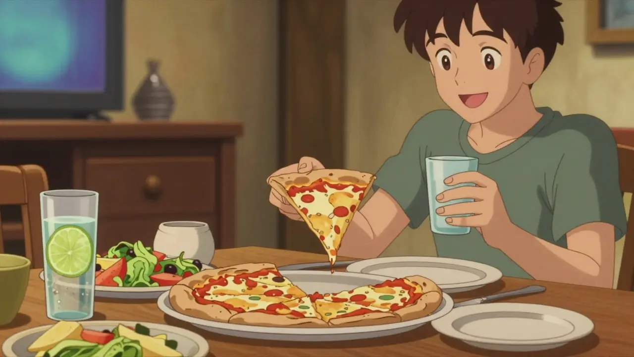 Person choosing one treat at dinner while enjoying healthy foods with friend