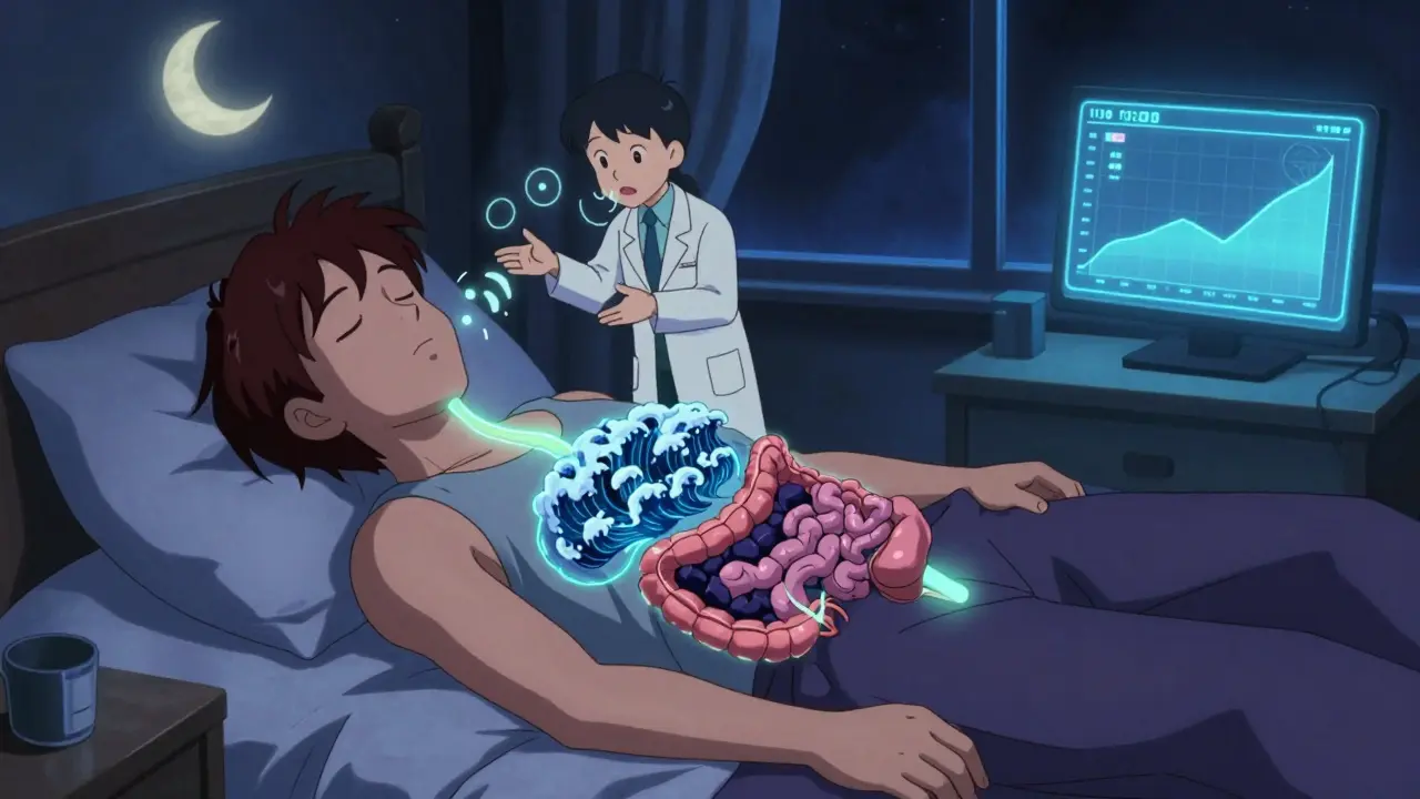 Person sleeping with glowing gut-brain connection, breathing circles, and symptom tracker on nightstand.