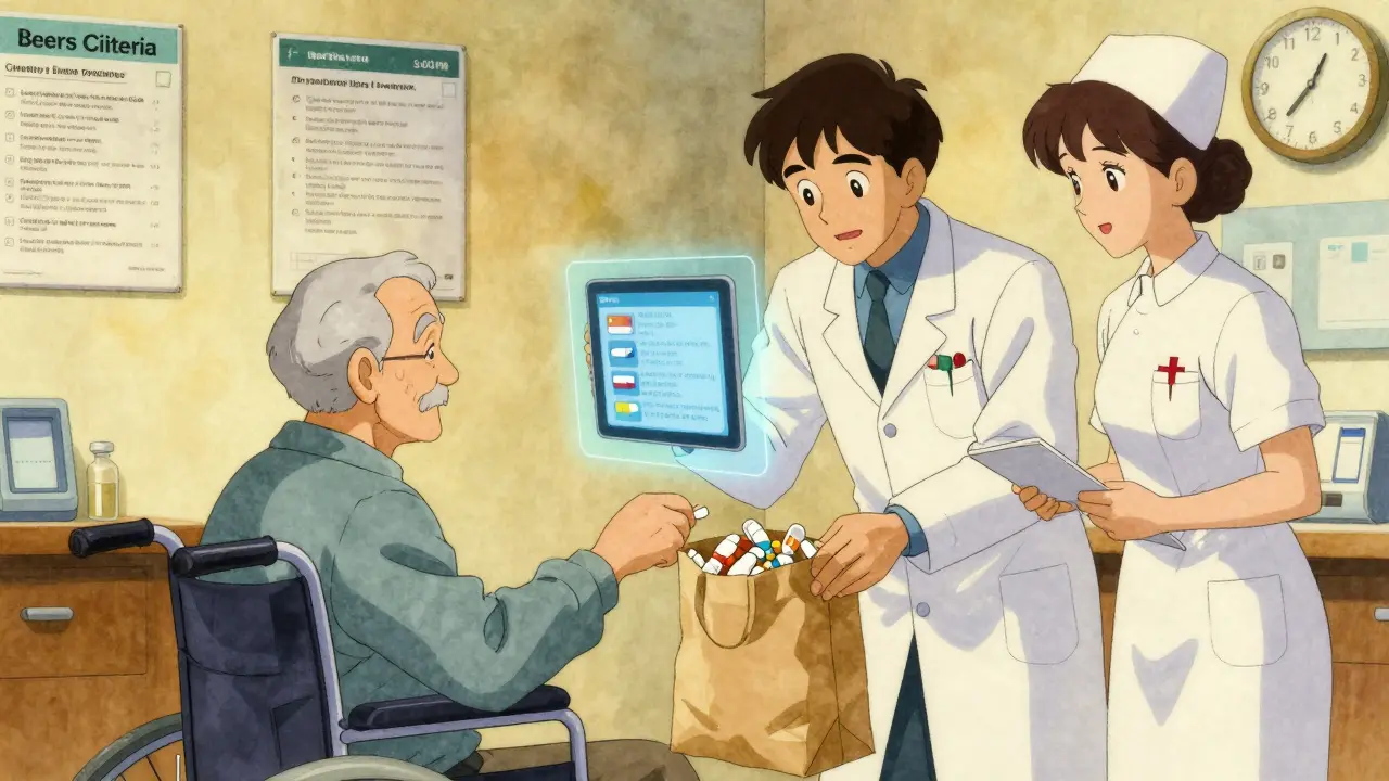 Pharmacist and nurse reviewing medications from a brown bag with an elderly man.