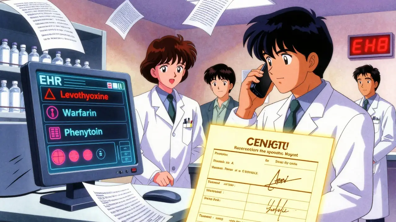 Pharmacy team reviewing EHR alerts for high-risk drugs with consent form glowing in retro anime style.