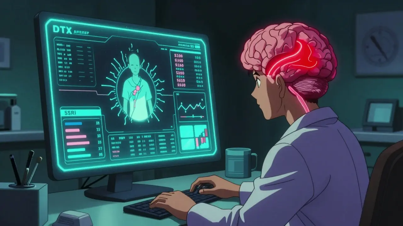 Psychiatrist monitoring a patient's mental health data from a digital therapeutic app.