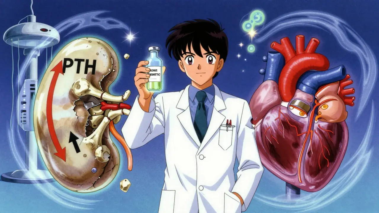Scientist holding drug vial between bone and heart disease forces in retro anime