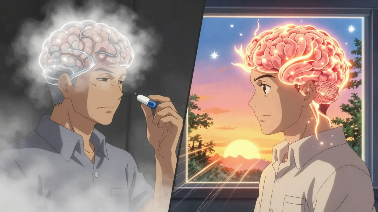 Side-by-side: foggy brain vs. glowing brain after switching medications in retro anime style.