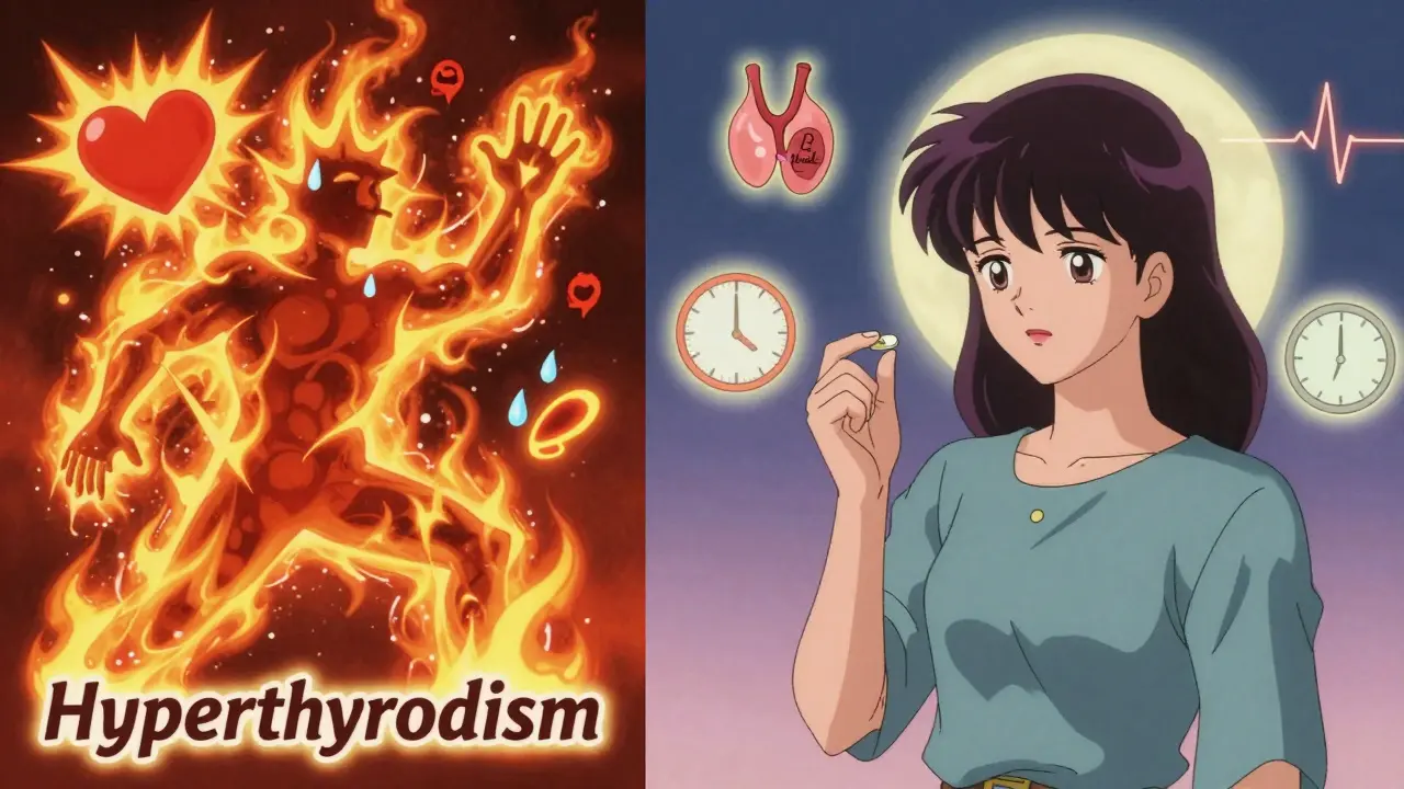 Split scene: chaotic hyperthyroid body vs calm patient with beta-blocker pill in retro anime style.