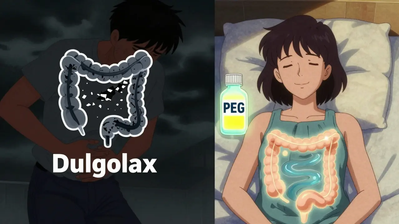 Split scene: pain from stimulant laxatives vs. calm relief with PEG, in retro anime style.