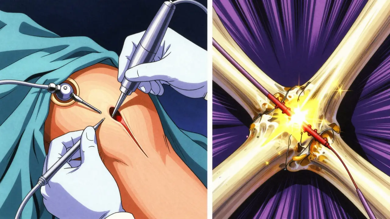 Surgeon performing arthroscopic rotator cuff repair with glowing tendons and tiny instruments.