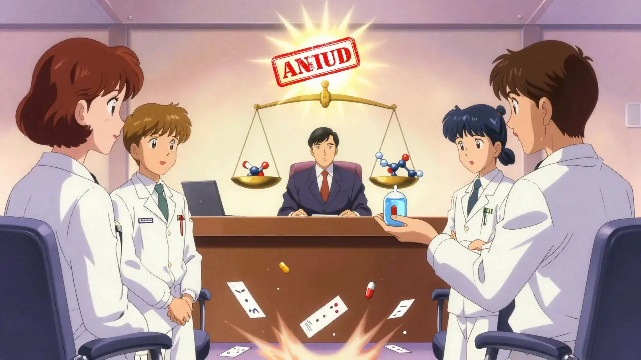 Team celebrates approval as failed letters turn to ash, FDA reviewer watches calmly.