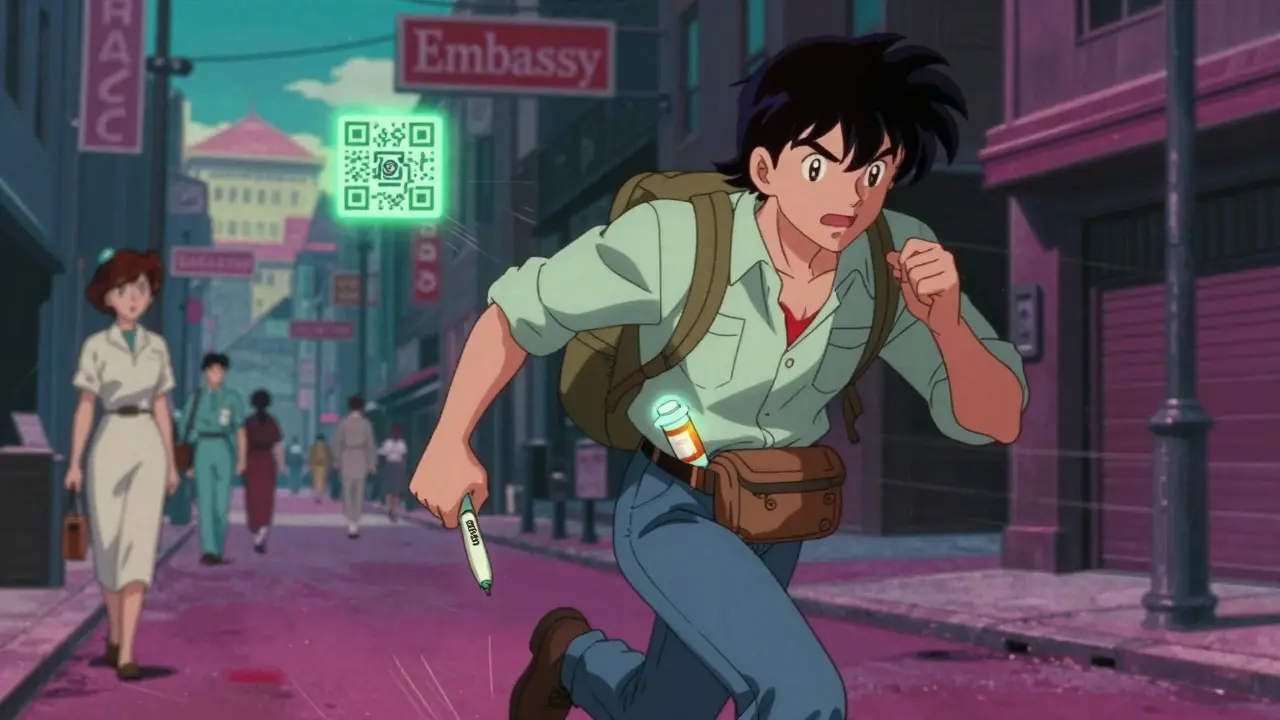 Traveler running through city street with EpiPen in hand, glowing QR code visible on bottle.