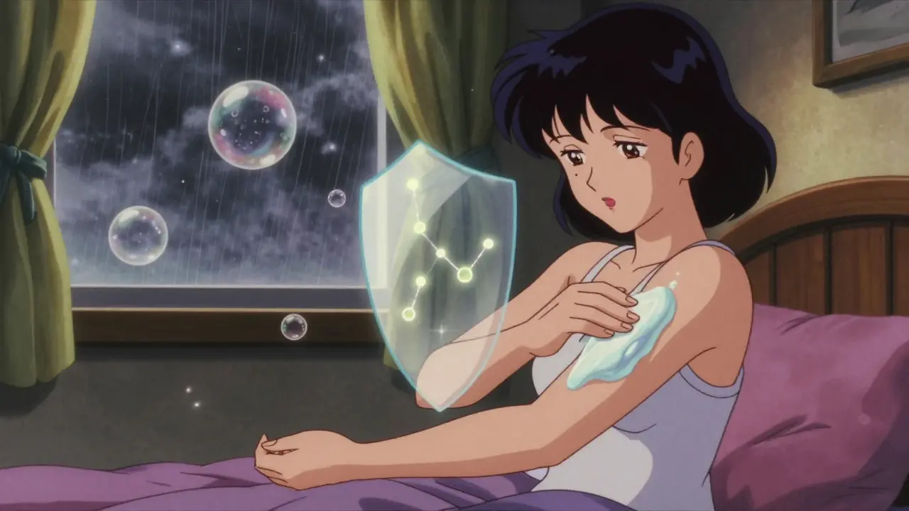 Woman applying ceramide cream at night with glowing lipids protecting her skin