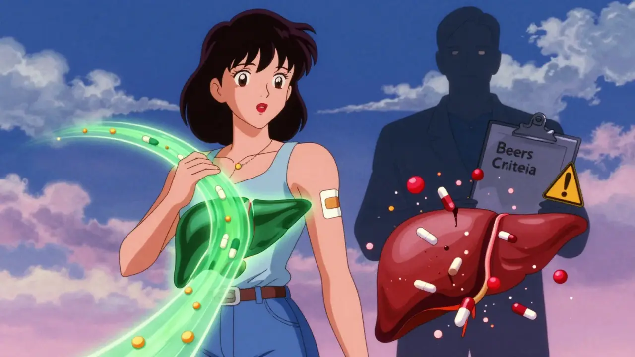 Woman applying estrogen patch with safe vs dangerous drug pathways in retro anime style
