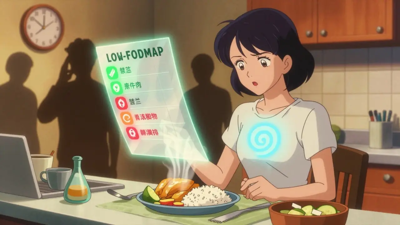 Woman cooking low-FODMAP meal with glowing food guide, calm expression, warm kitchen lighting.