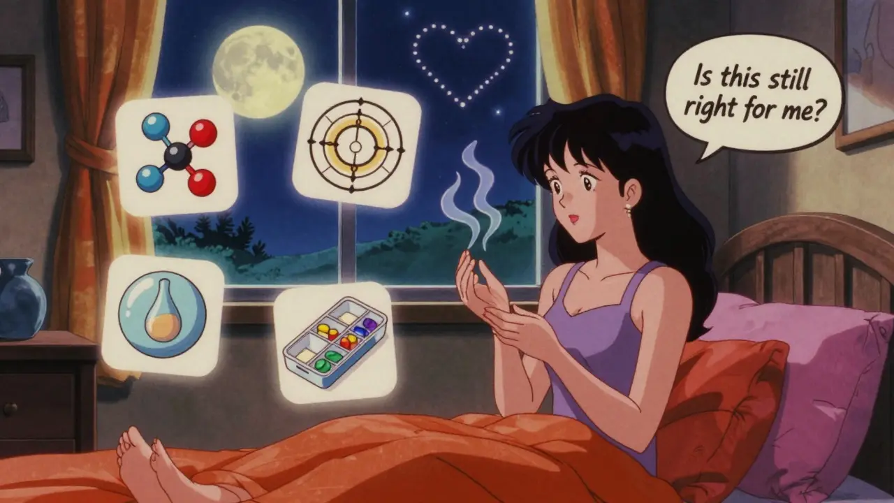 Woman in bedroom with non-hormonal therapy icons and pill organizer, retro anime style