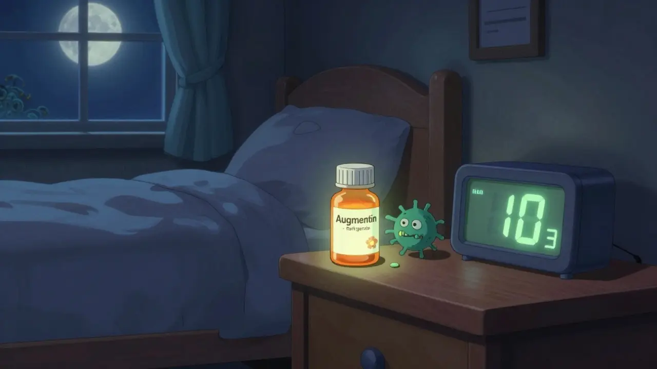 A child's medicine bottle glows with a countdown timer as bacteria escape, in retro anime style.
