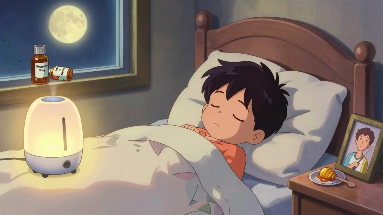 A child sleeps peacefully with humidifier and honey on nightstand, cold medicine discarded nearby
