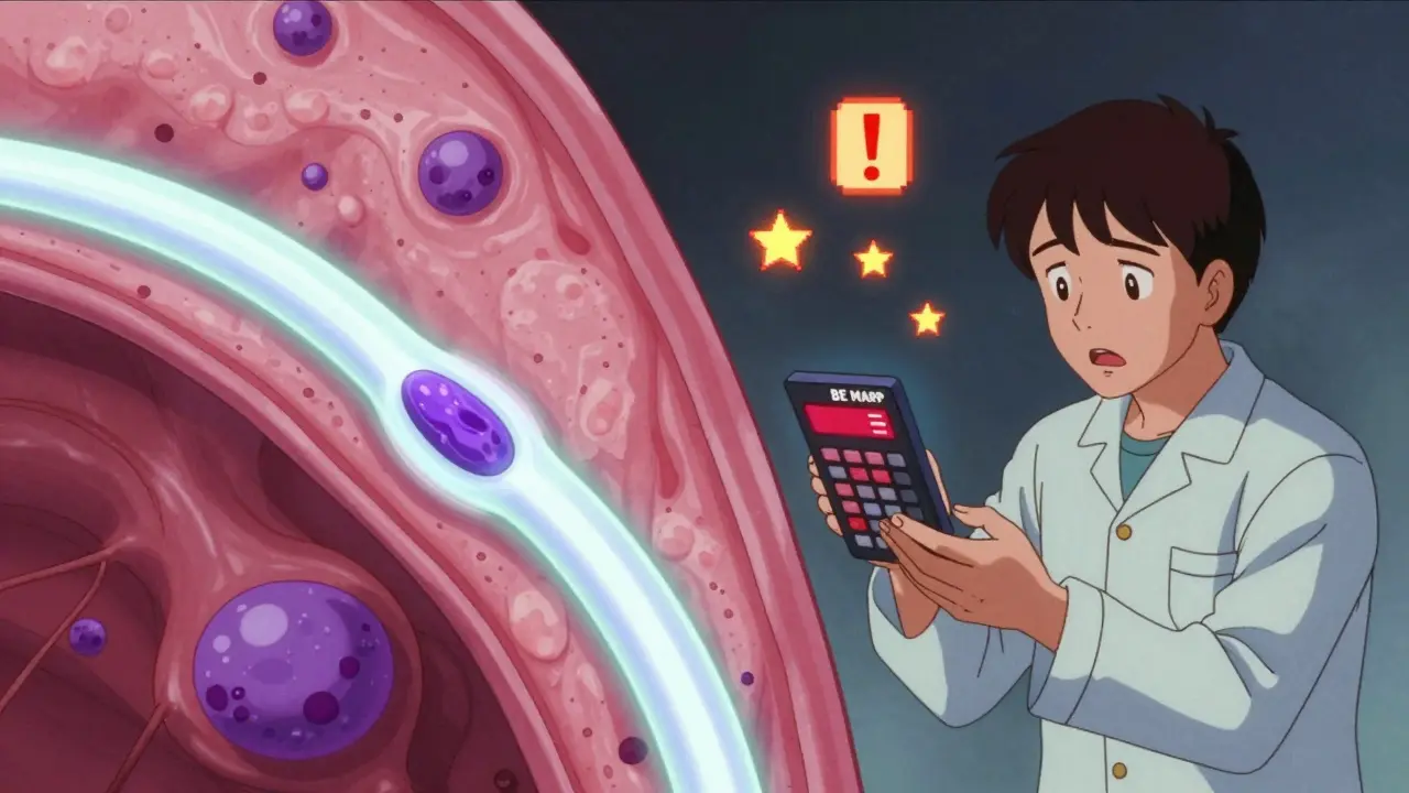 A patient watches a BE MAPPED calculator glow with risk indicators as an endoscope illuminates damaged esophagus tissue.