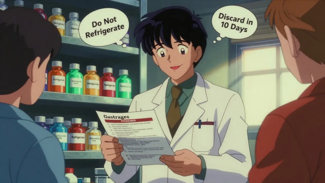 A pharmacist gives a parent a storage guide, with labeled antibiotic bottles glowing in neon light.