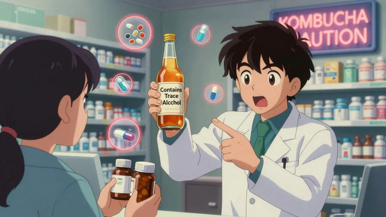 A pharmacist warning a patient about kombucha interactions, with floating medication icons and red warning halos.