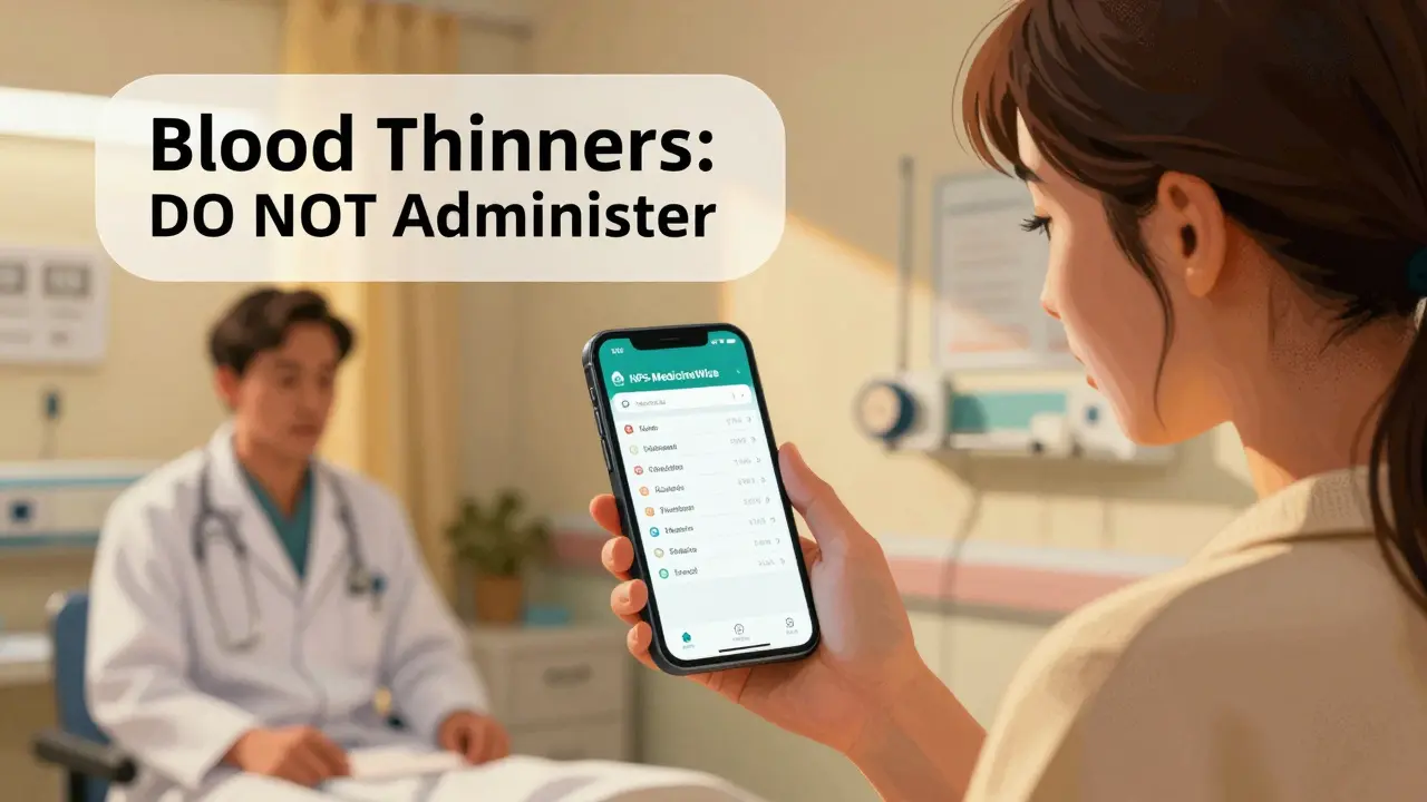 A woman shows her smartphone screen displaying a medication list in Vietnamese to a doctor in a hospital, who nods in understanding.