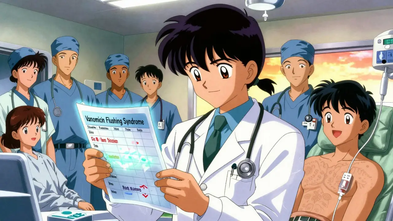 Doctor erasing outdated term 'Red Man Syndrome' from chart as patient recovers calmly, replaced with 'Vancomycin Flushing Syndrome', retro anime aesthetic.