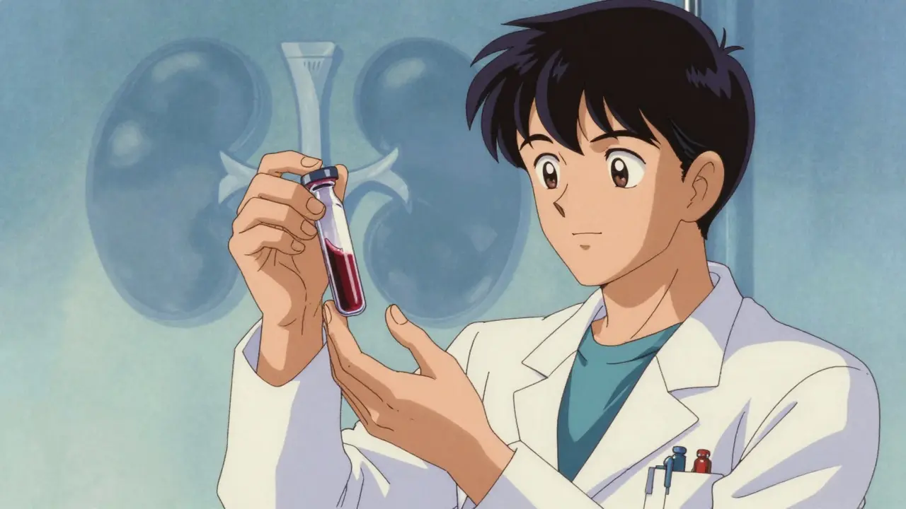 Doctor holding blood vial for kidney function check.