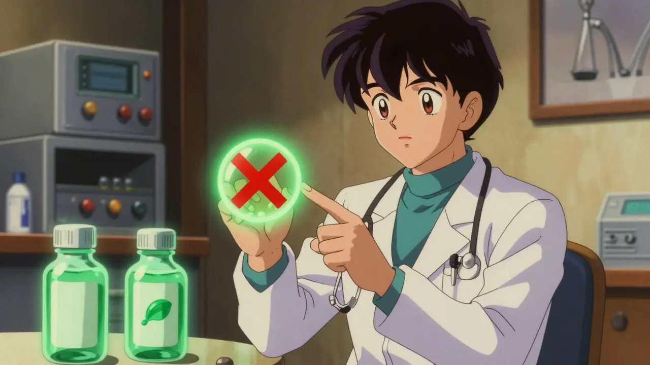 Doctor points at codeine pill with red X, safe alternatives glowing green