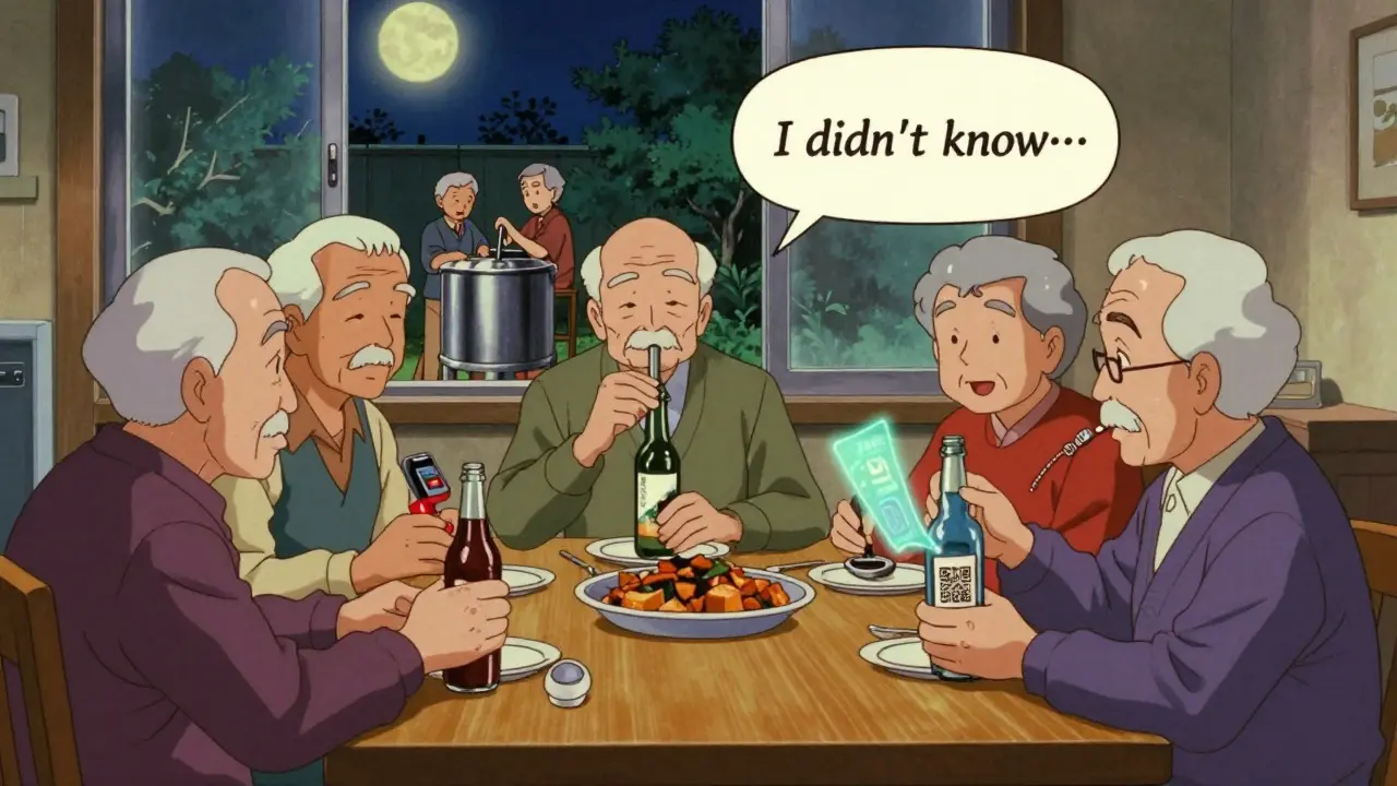 Elderly people drinking kombucha while checking alcohol levels with a breathalyzer and QR code hologram.