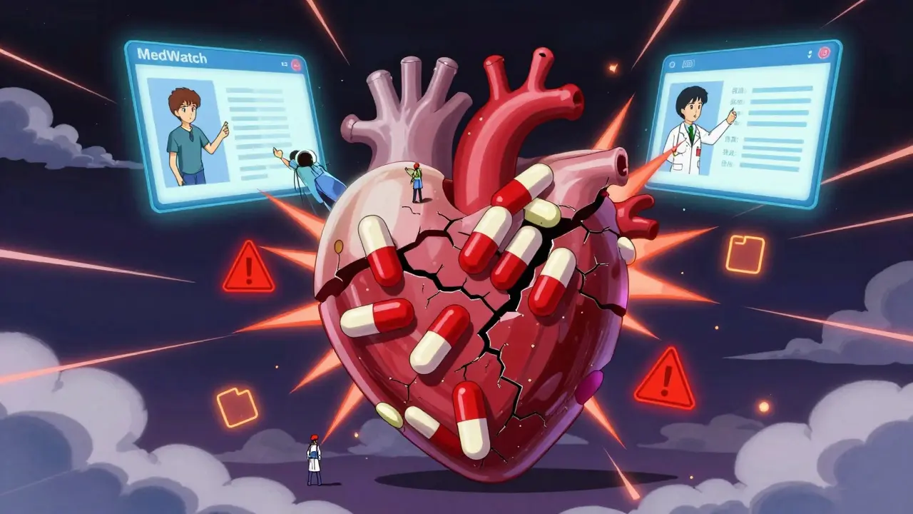 Giant pill heart cracking with warning symbols as patients send reports to a glowing MedWatch app in retro anime style.