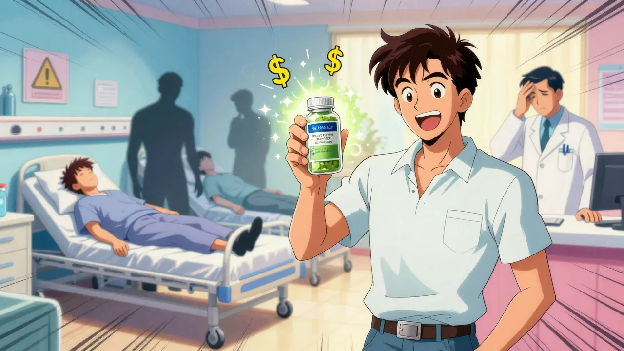 Influencer selling supplement as patients collapse in background, retro anime aesthetic