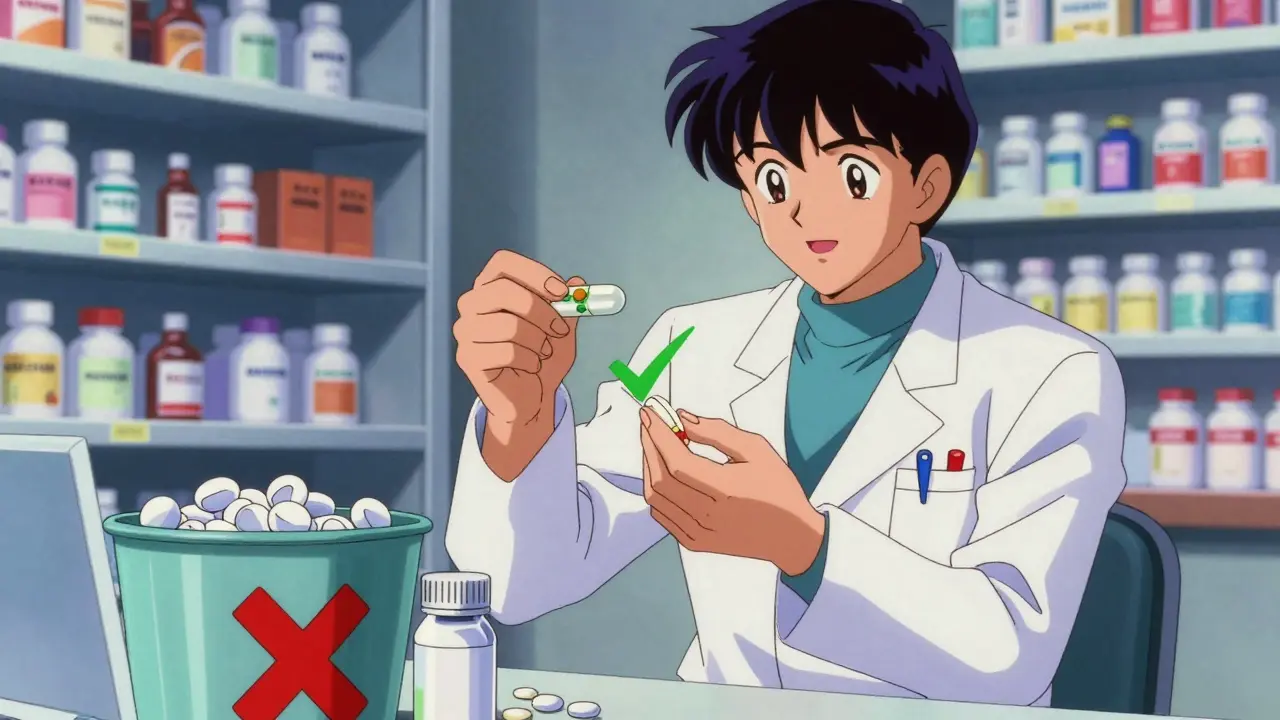 Pharmacist hands oxycodone and morphine pills with green checks, codeine in trash bin