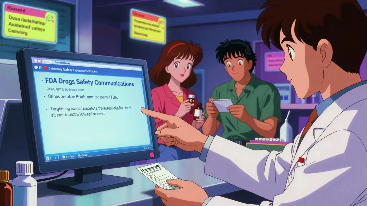 Pharmacist shows FDA safety alerts on screen to patients checking their prescription labels in 1980s anime aesthetic.