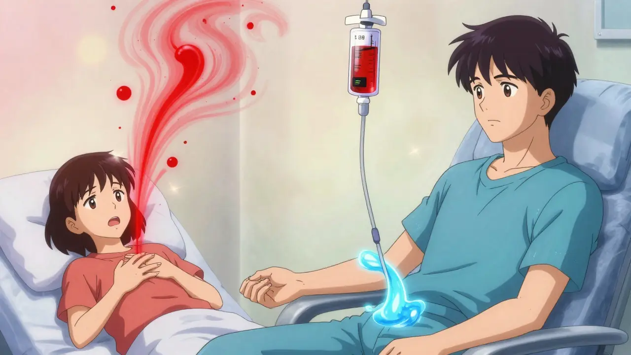 Split scene: chaotic fast infusion causing red histamine burst vs peaceful slow infusion with blue energy flow, retro anime style.