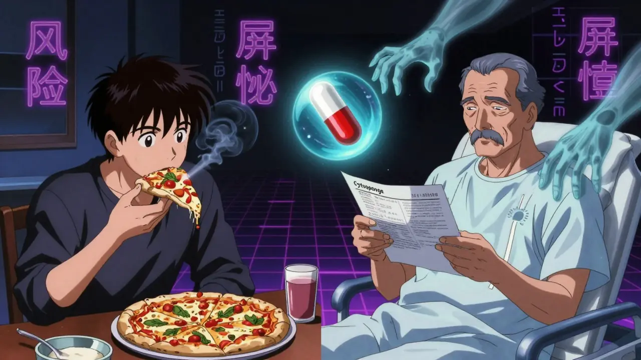 Split scene showing a man’s past lifestyle and present hospital visit, with a floating Cytosponge capsule in retro anime style.