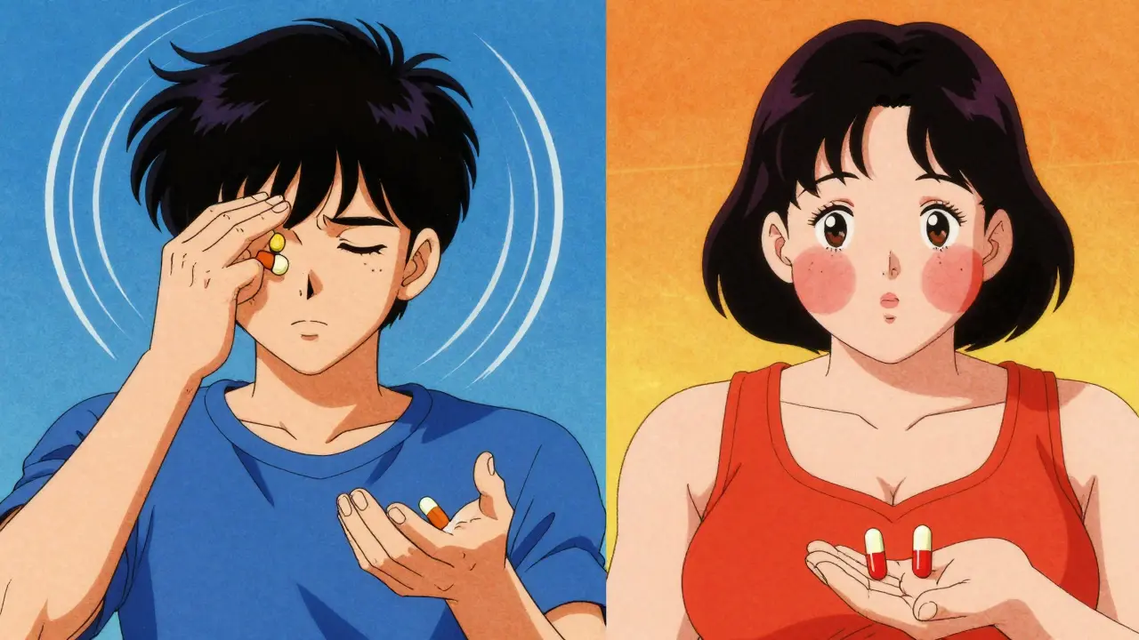 Two figures with dizziness and weight gain side effects.