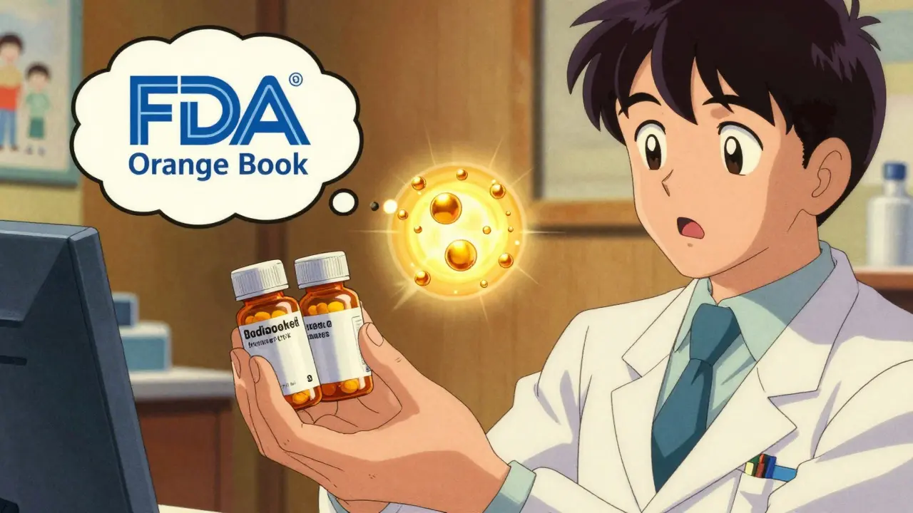 A diabetic employee examines pill bottles as a glowing FDA Orange Book demonstrates bioequivalence in retro anime style.