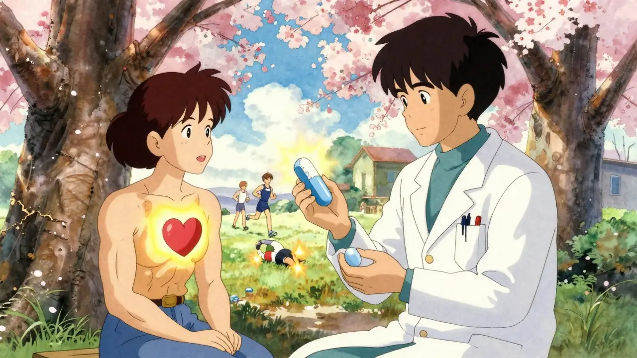 A doctor and patient under cherry blossoms, holding two different statin pills, with a glowing heart representing improved health.
