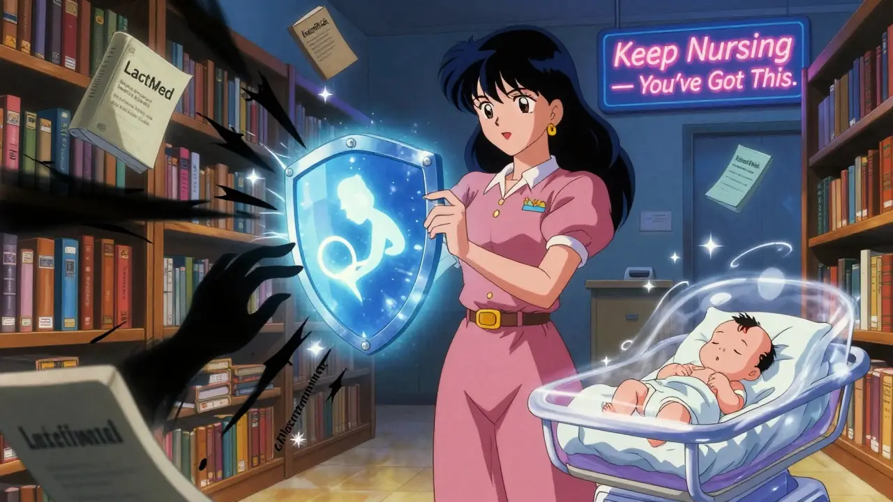 A mother defends her baby from dangerous antibiotics using glowing safety guides, in a stylized medical library with radiant symbols.
