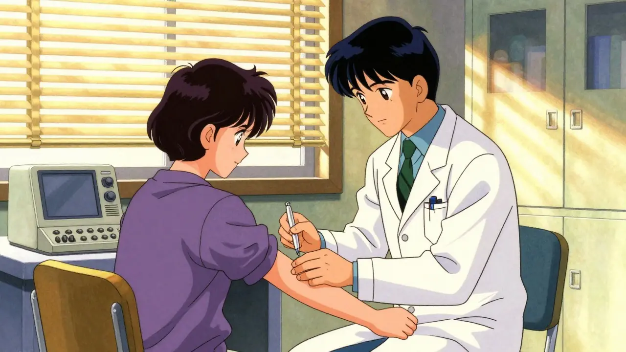 Doctor performing allergy test on patient in clinic.