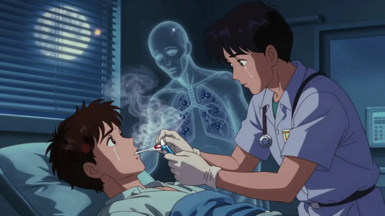 Paramedics revive a patient as a ghostly benzodiazepine molecule suppresses their breathing in a dark ER.