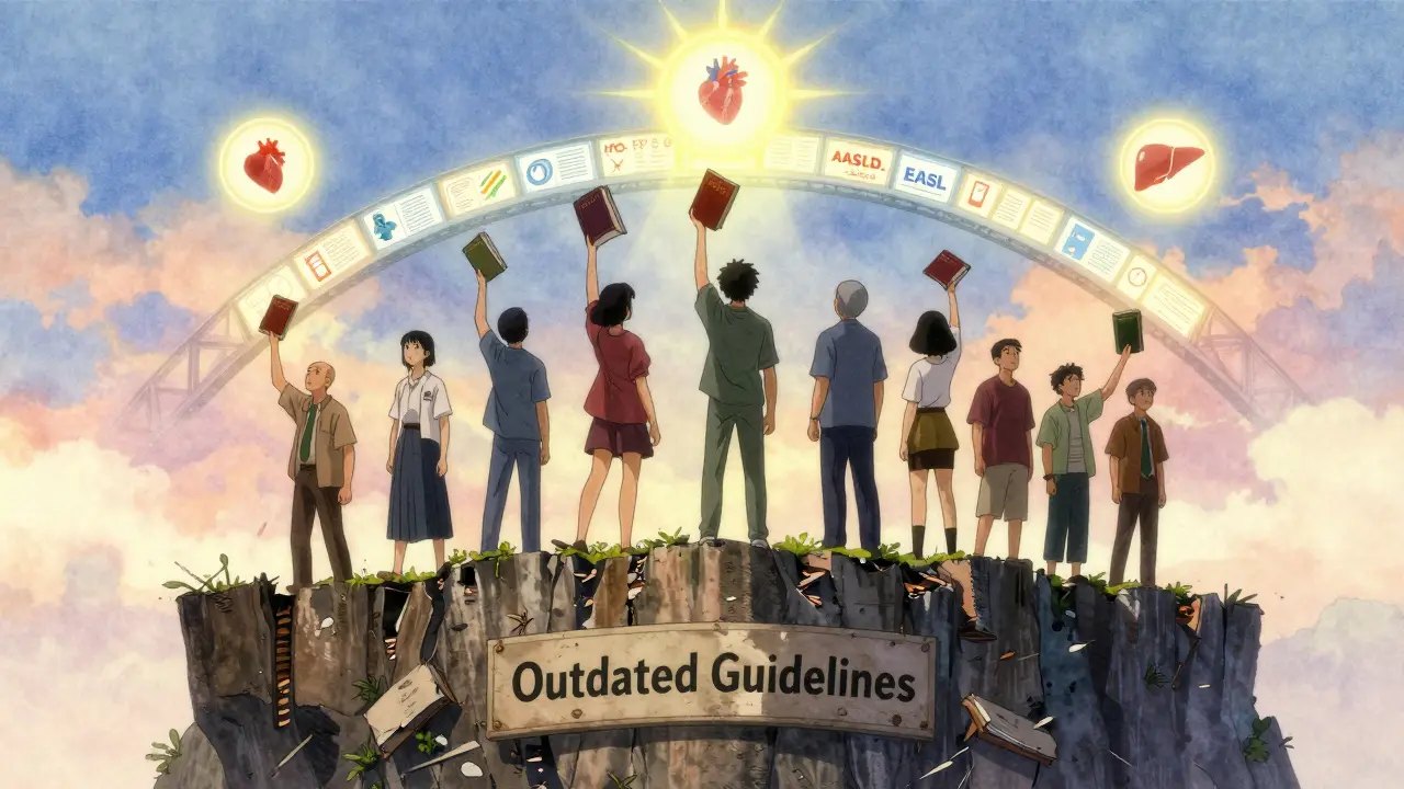 Patients climbing out of outdated medical myths toward a bridge of modern guidelines under a rising sun.