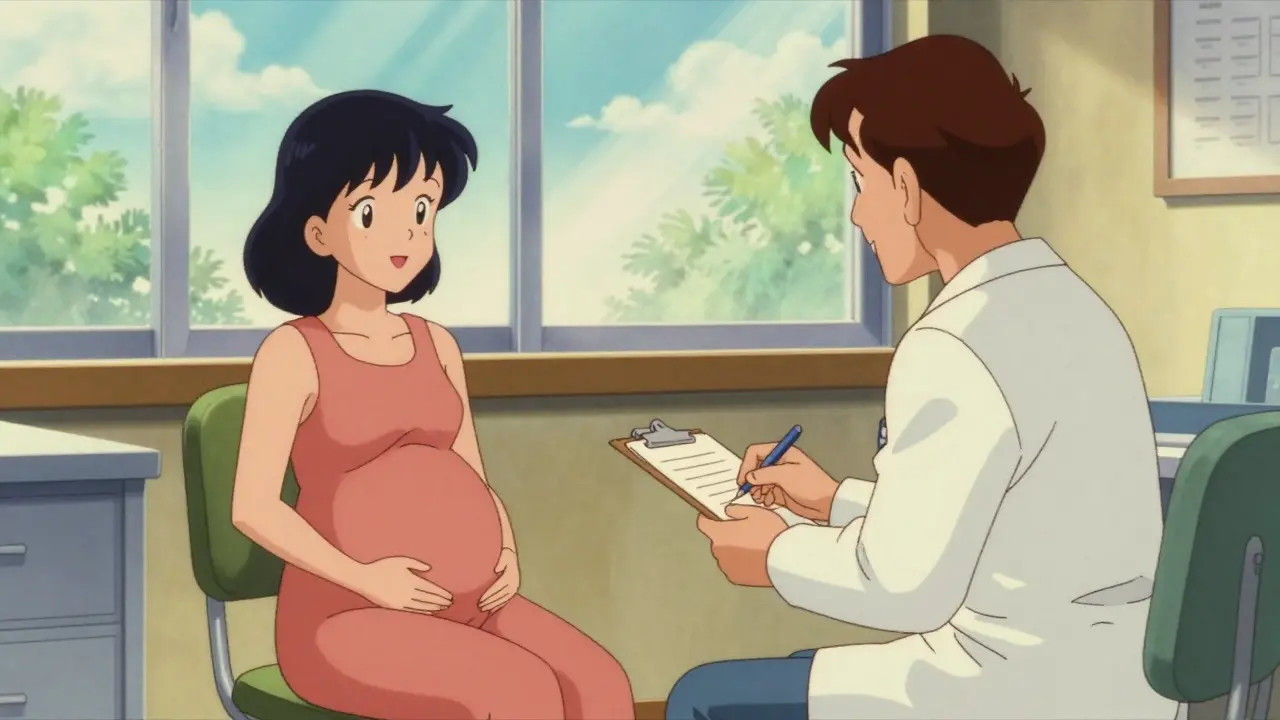 Pregnant patient consulting a doctor in an office.