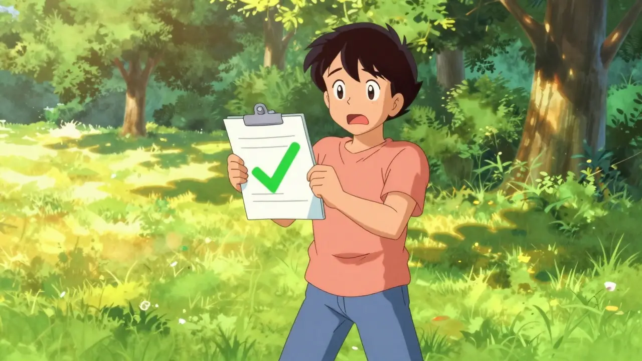 Relieved patient standing outside with updated medical card.