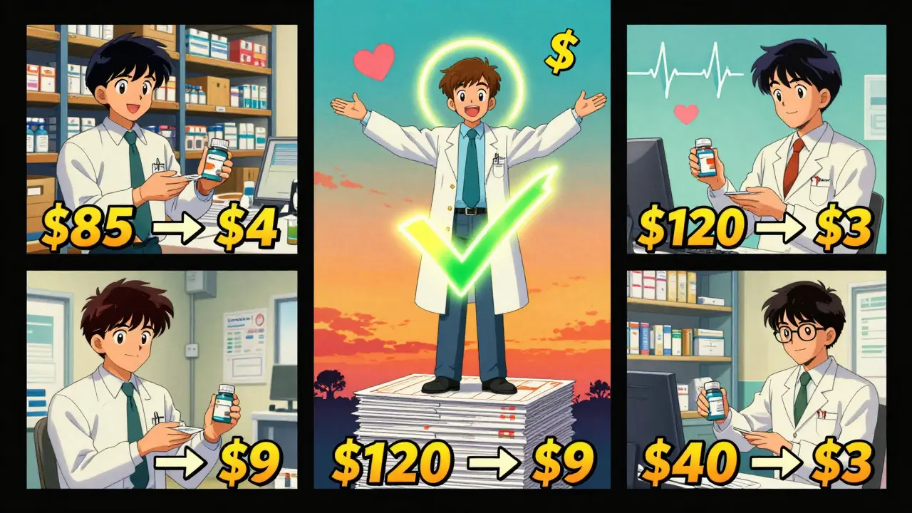 Three employees smile with affordable generic meds, cost savings flashing like anime text, while a pharmacist glows with a checkmark halo.